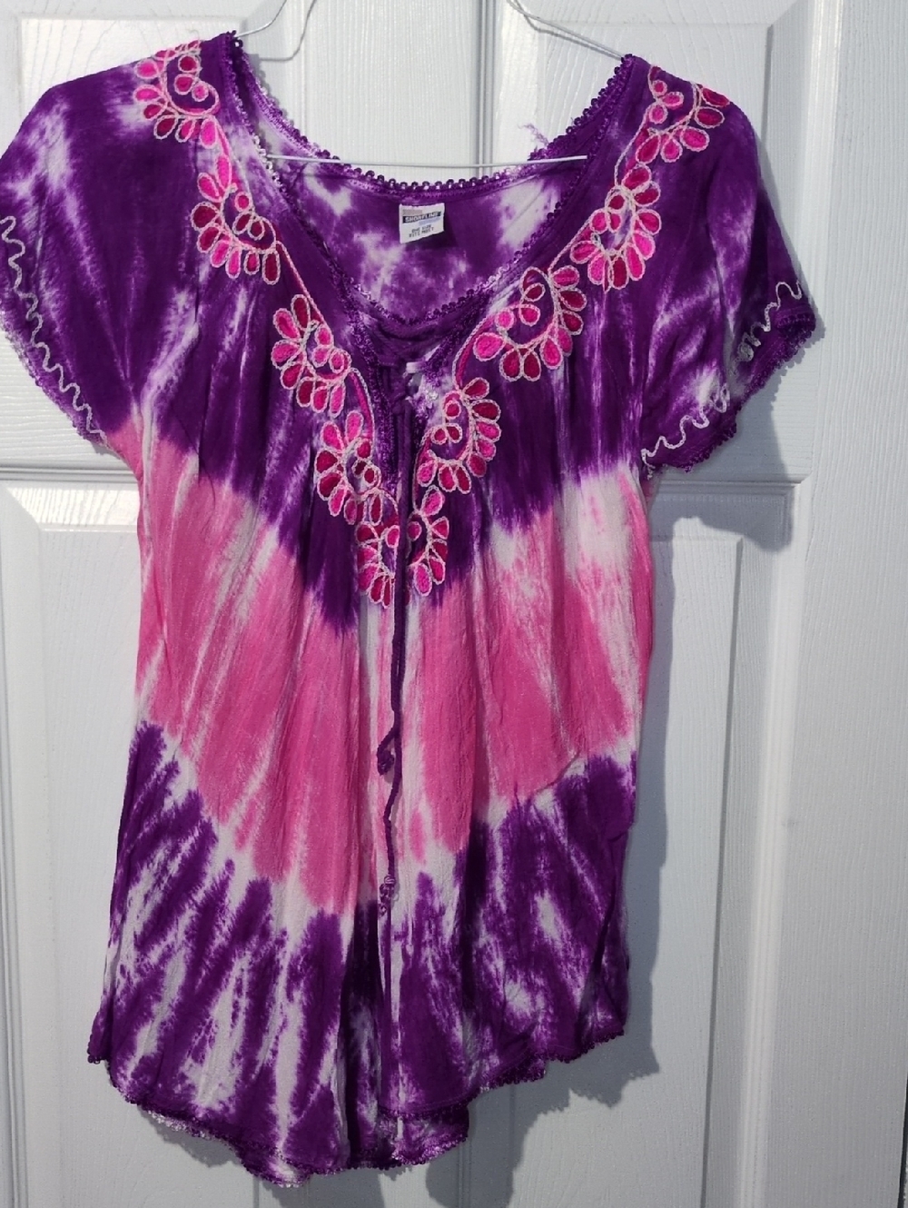 Festival Purple Pink Tie-Dye Embroidered Tunic Relaxed Boho Artisan Retro Flowy